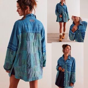 Free People Patchwork Denim Shirt Jacket